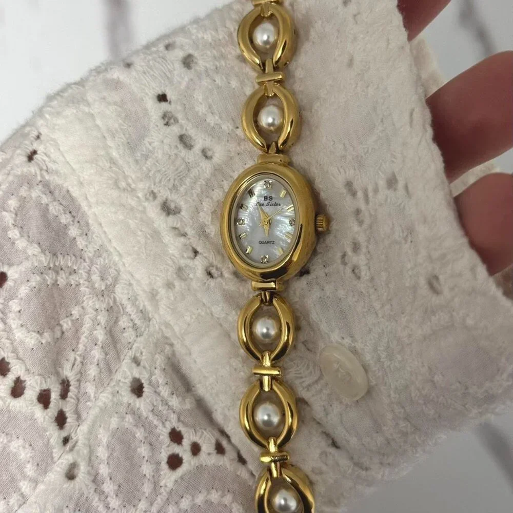 Sku0312‎ Retro Gold White Pearl Gemstones Women Vintage Watch Bracelet +gift bag